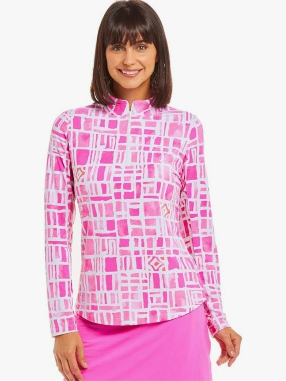 Ibkul Out of The Box Long Sleeve Mock Top Pink White Small Golf Tennis Barnsley